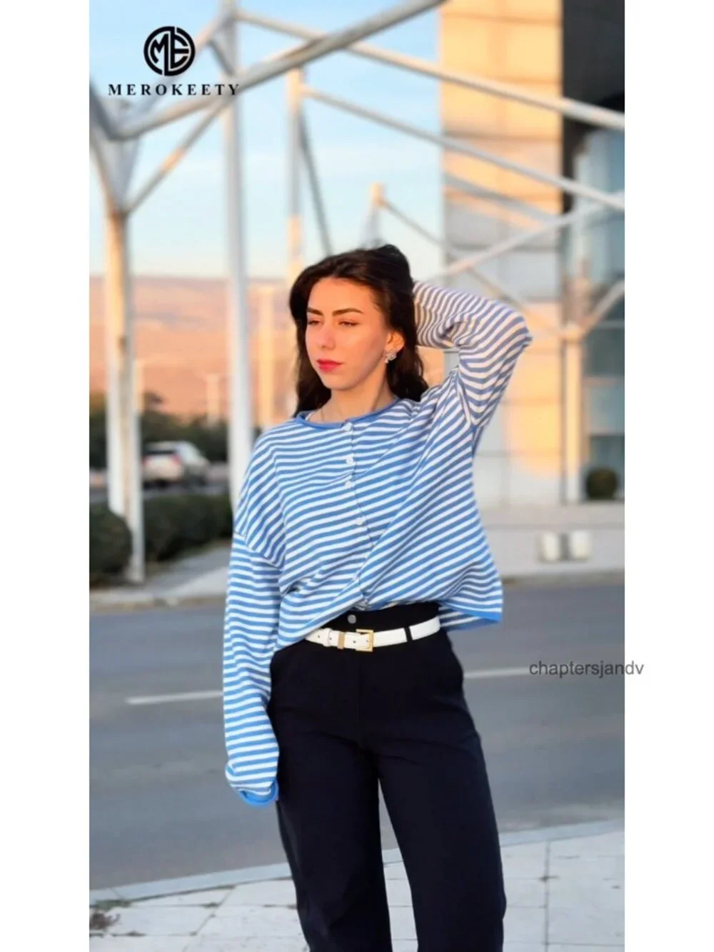 Striped Button Down Cardigan Rolled Collar Drop Shoulder Lightweight
